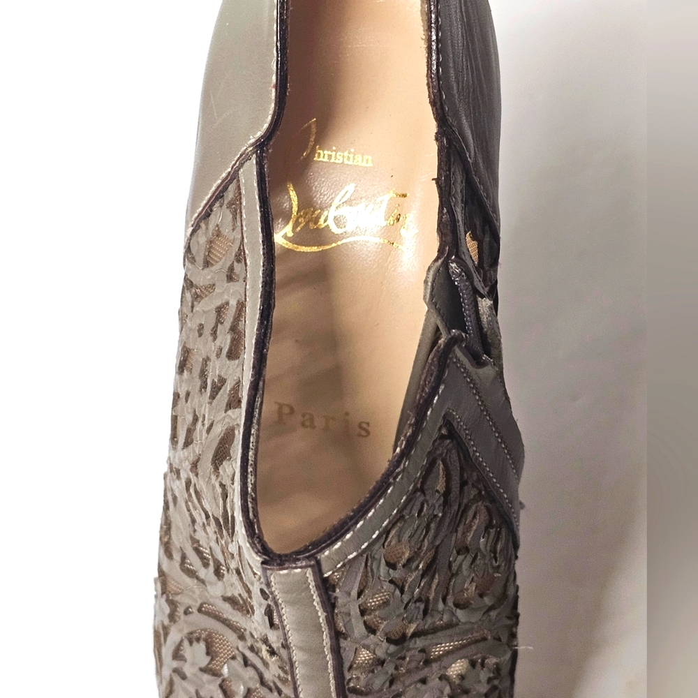 Christian Louboutin Brown Laser-Cut Leather Pampas 150 Peep Toe Ankle Boots Size - Picture 9 of 9